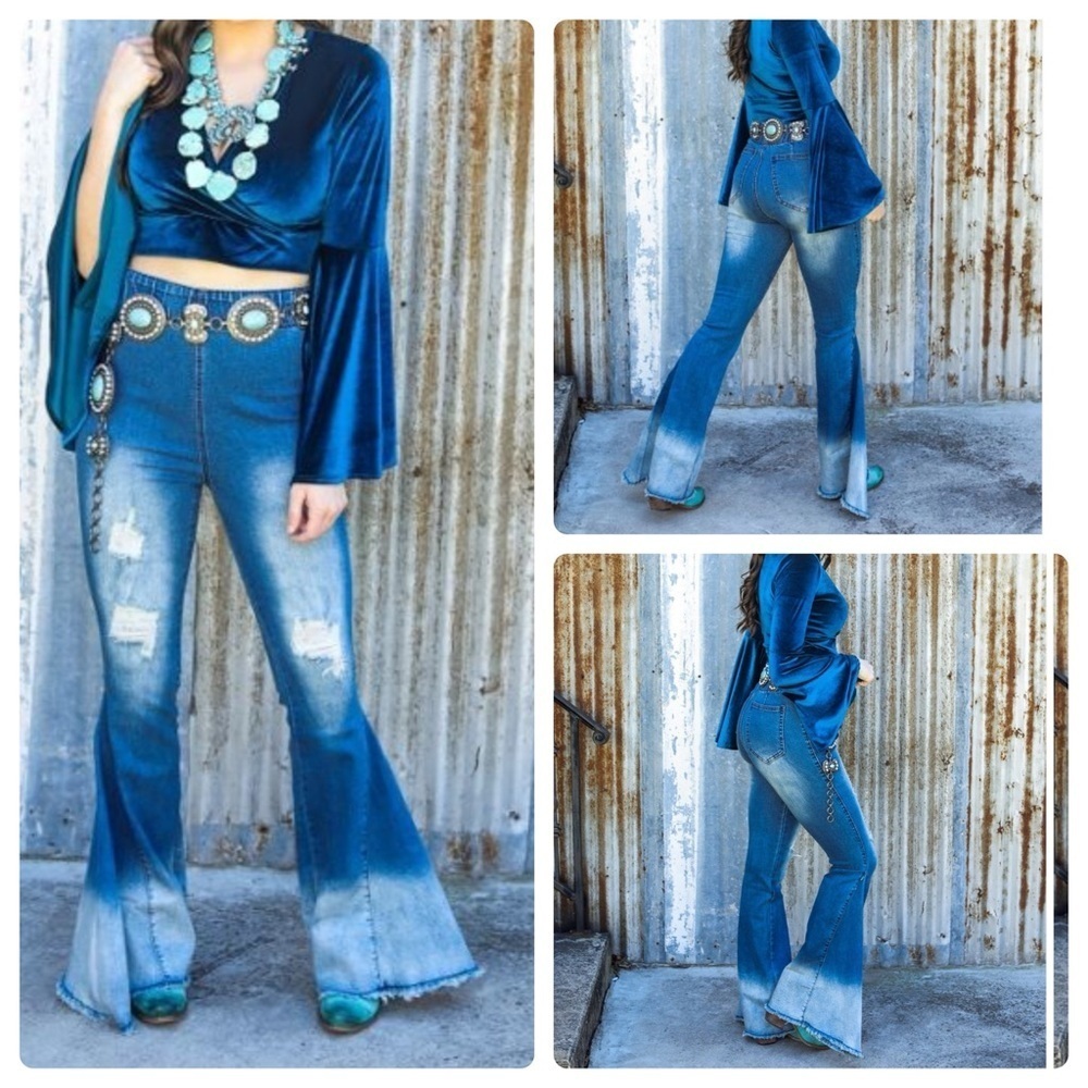 Home Folk Distressed High Rise Ombre Flare Jeans